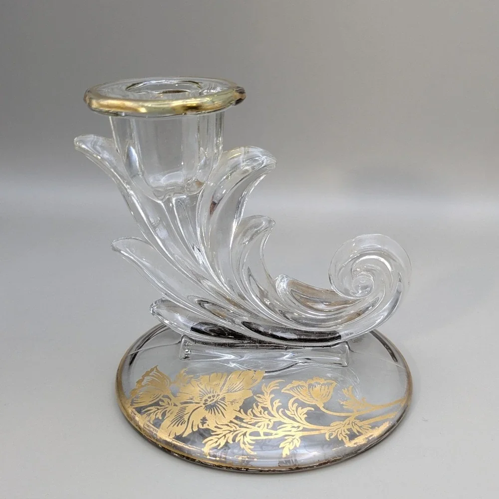 VTG Fostoria Baroque Glass Cornucopia Taper Candlestick Holder Gold Floral